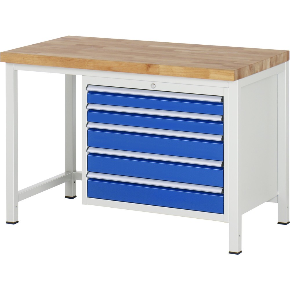 RAU Werkbank Serie 8000, HxBxT 840-1.040 x 1.250 x 700 mm, 5 x 100%-Auszug-Schubladen 2 x 90, 3 x 120 mm, Schubladen-TK 75 kg