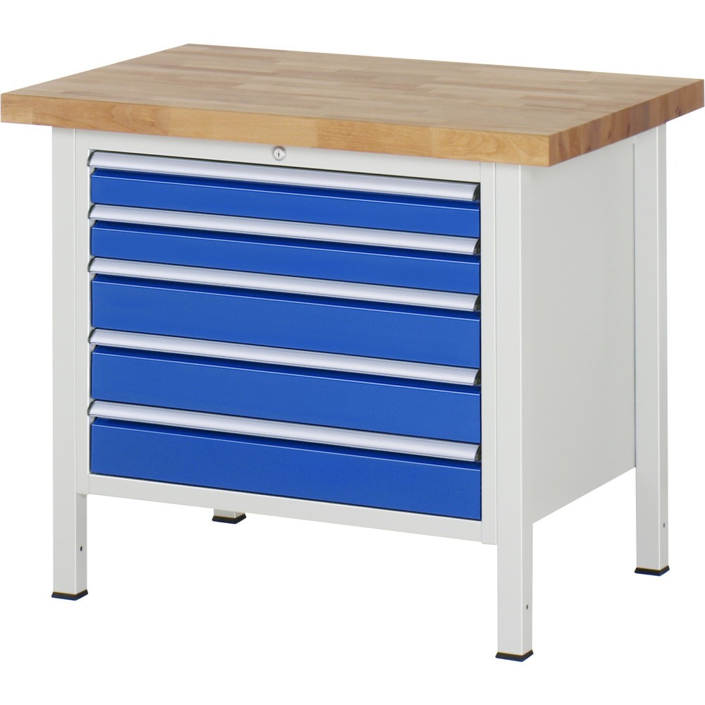 RAU Werkbank Serie 8000, HxBxT 840 x 1.000 x 700 mm, 5 x 100%-Auszug-Schubladen 2 x 90, 3 x 120 mm, Schubladen-TK 75 kg