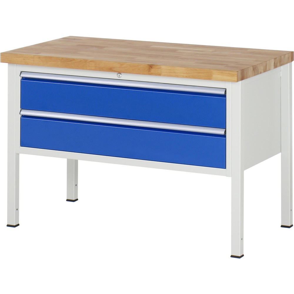 RAU Werkbank Serie 8000, HxBxT 840-1.040 x 1.250 x 700 mm, 2 x 90%-Auszug-Schubladen 2 x 180 mm, Schubladen-TK 50 kg