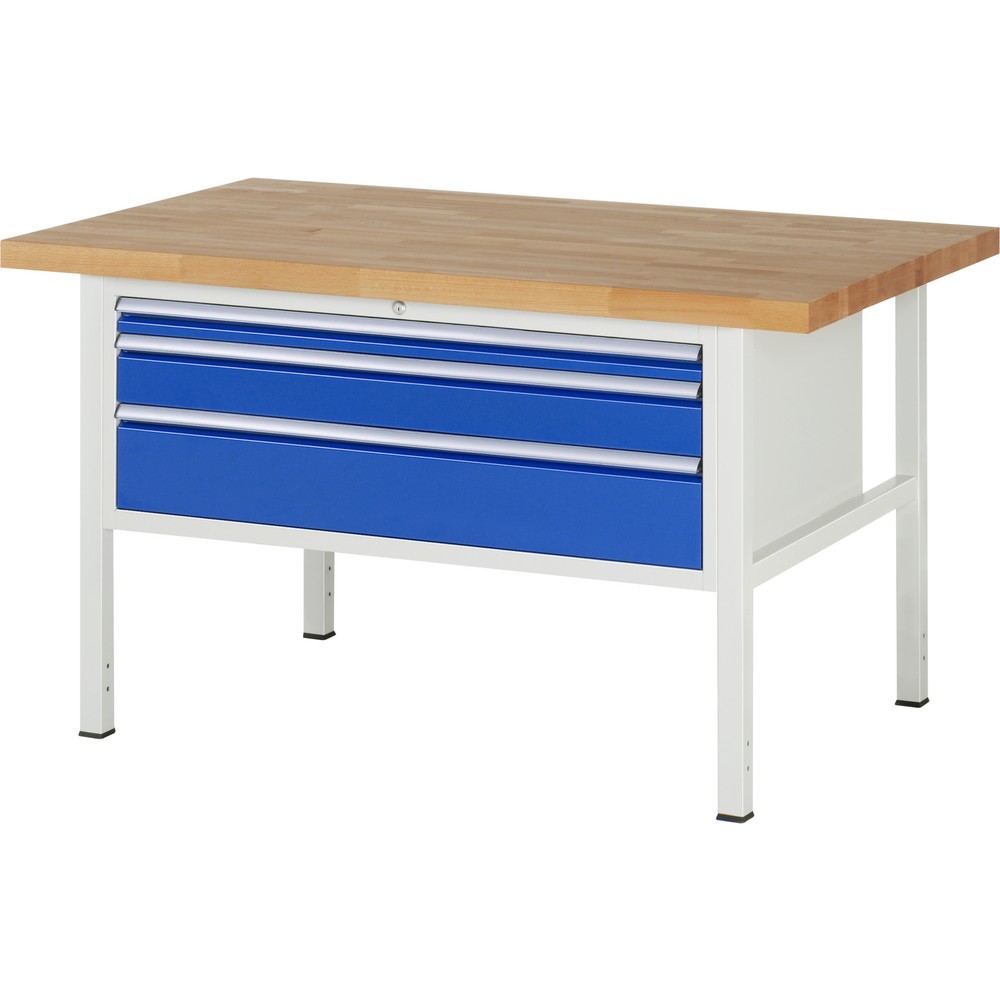 RAU Werkbank Serie 8000, HxBxT 840-1.040 x 1.500 x 900 mm, 3 x 90%-Auszug-Schubladen 1 x 60, 1 x 120, 1 x 180 mm, Schubladen-TK 50 kg