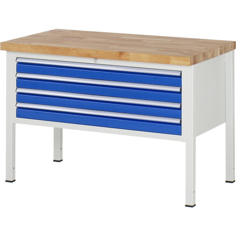 RAU Werkbank Serie 8000, HxBxT 840-1.040 x 1.250 x 700 mm, 4 x 100%-Auszug-Schubladen 4 x 90 mm, Breite 1.055 mm
