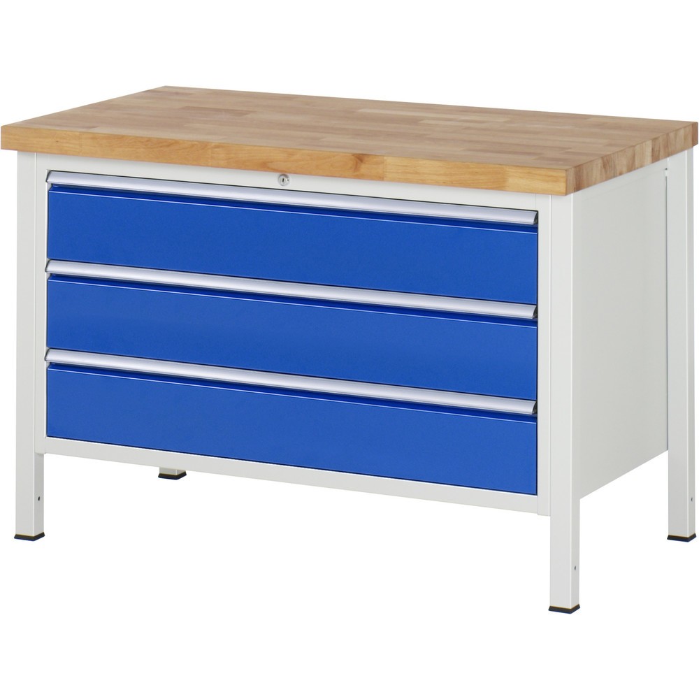 RAU Werkbank Serie 8000, HxBxT 840-1.040 x 1.250 x 700 mm, 3 x 100%-Auszug-Schubladen 3 x 180 mm, Breite 1.055 mm
