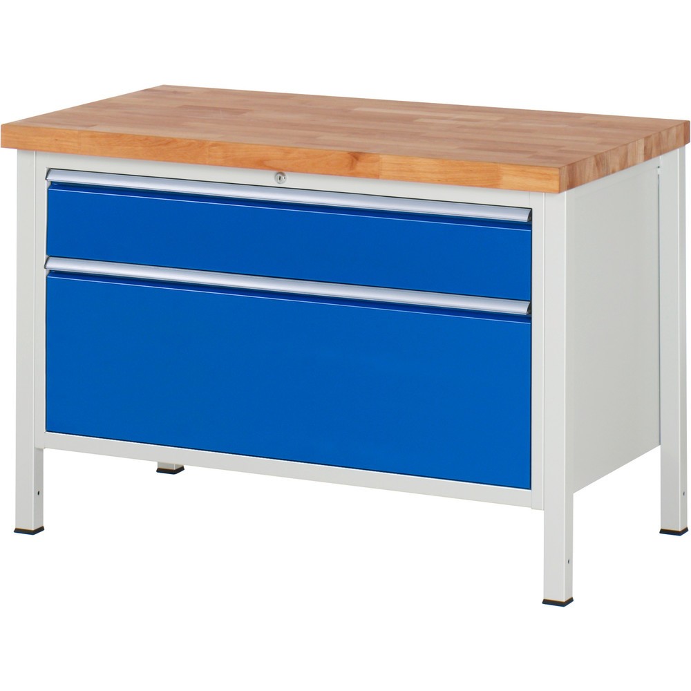 RAU Werkbank Serie 8000, HxBxT 840-1.040 x 1.250 x 700 mm, 2 x 90%-Auszug-Schubladen 1 x 180, 1 x 360 mm, Schubladen-TK 50 kg