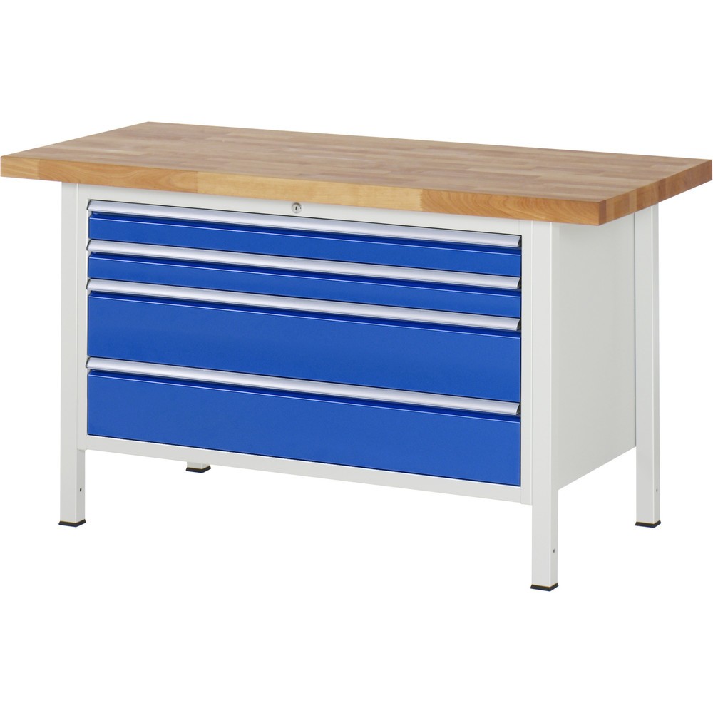 RAU Werkbank Serie 8000, HxBxT 840 x 1.500 x 700 mm, 4 x 90%-Auszug-Schubladen 2 x 90, 2 x 180 mm, Schubladen-TK 50 kg