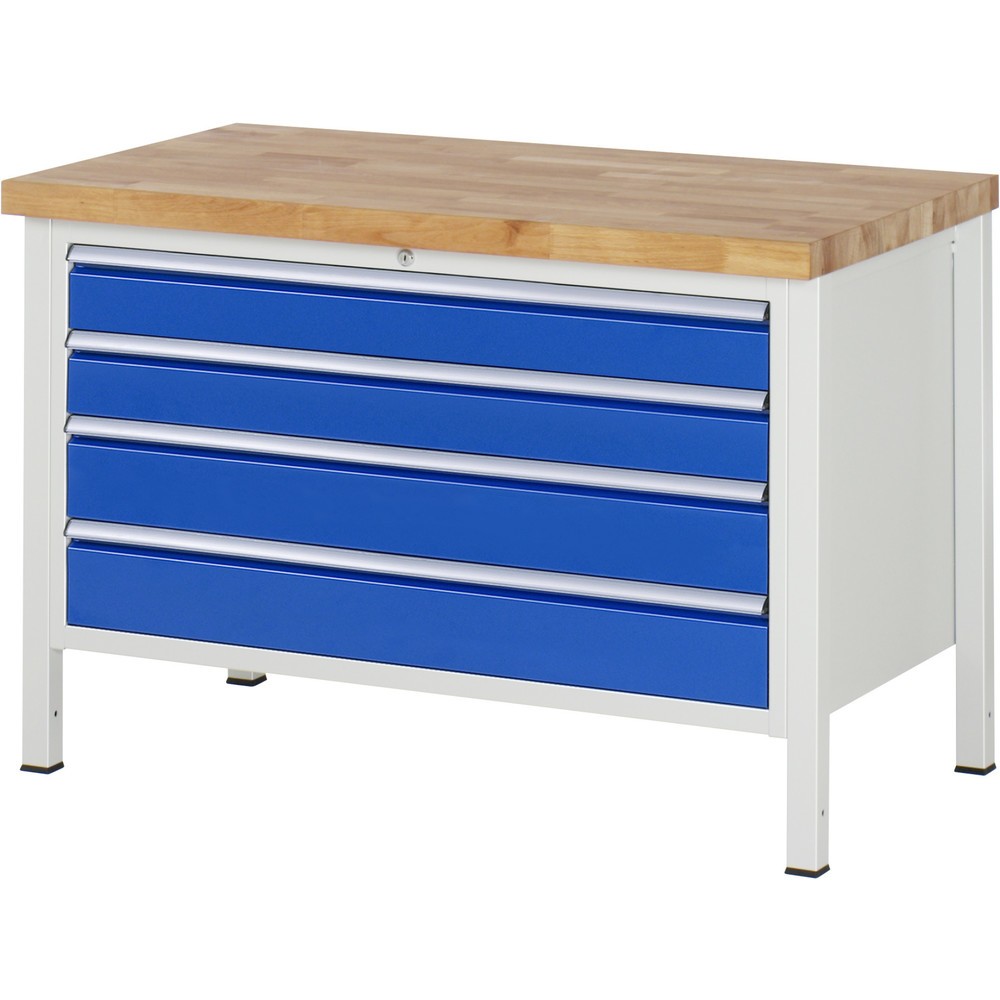 RAU Werkbank Serie 8000, HxBxT 840-1.040 x 1.250 x 700 mm, 4 x 100%-Auszug-Schubladen 2 x 120, 2 x 150 mm, Breite 1.055 mm