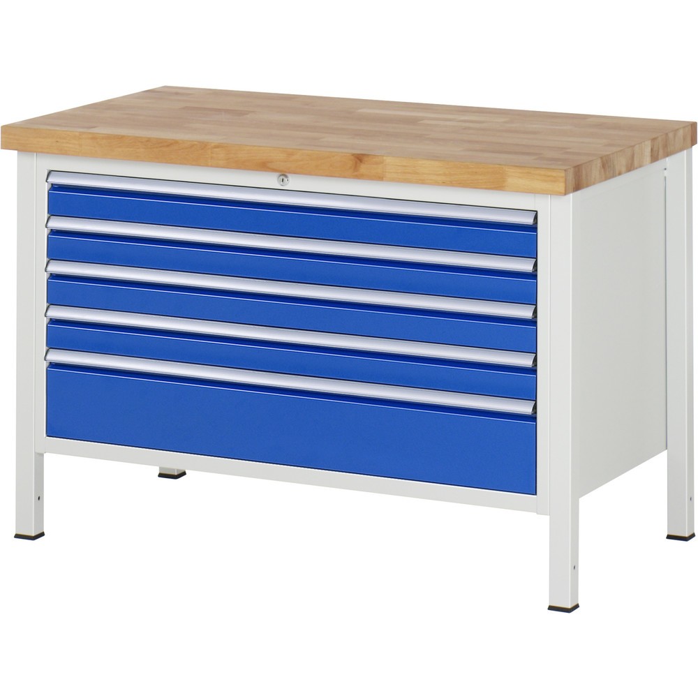 RAU Werkbank Serie 8000, HxBxT 840 x 1.250 x 700 mm, 5 x 90%-Auszug-Schubladen 4 x 90, 1 x 180 mm, Schubladen-TK 50 kg