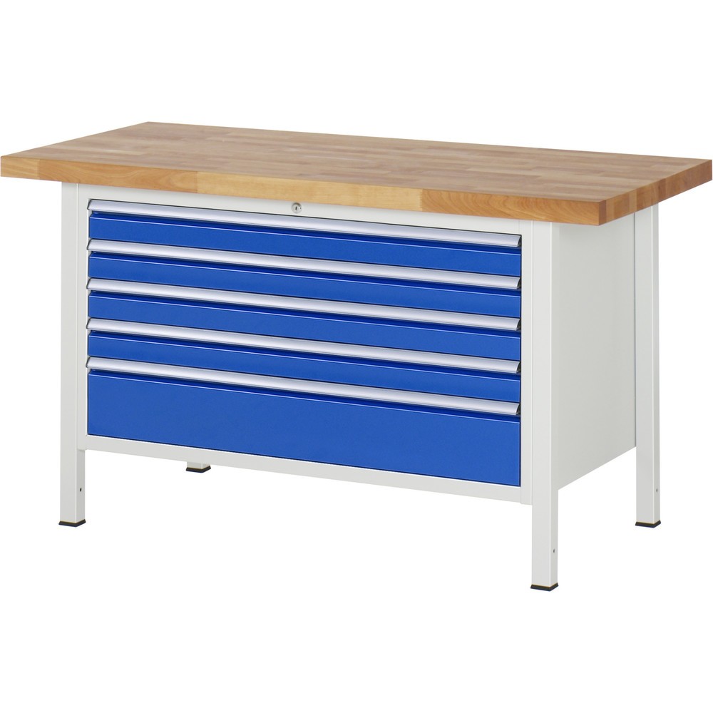 RAU Werkbank Serie 8000, HxBxT 840 x 1.500 x 700 mm, 5 x 100%-Auszug-Schubladen 4 x 90, 1 x 180 mm, Schubladen-TK 50 kg