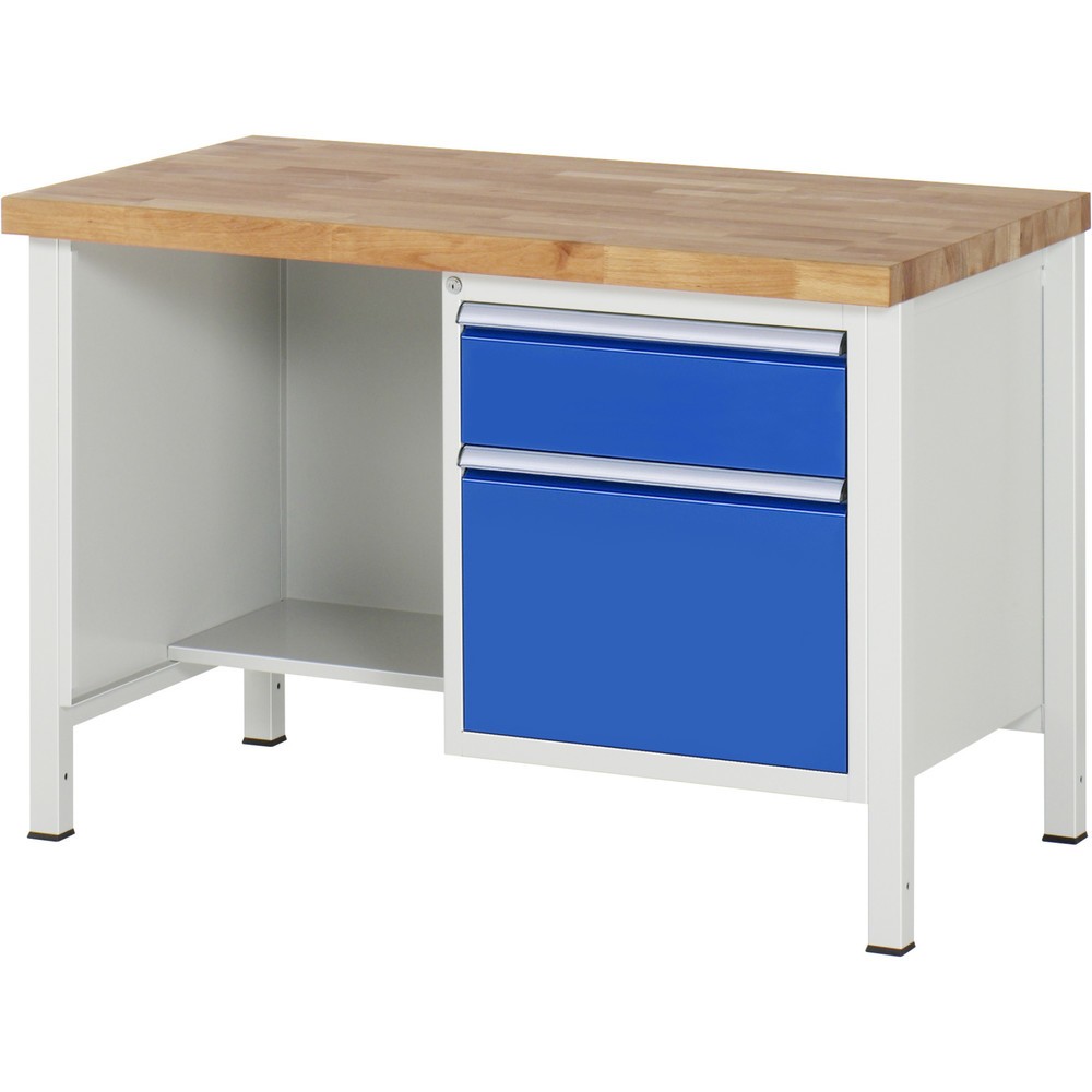 RAU Werkbank Serie 8000, 1 Ablageboden, HxBxT 840 x 1.250 x 700 mm, 2 x 90%-Auszug-Schubladen