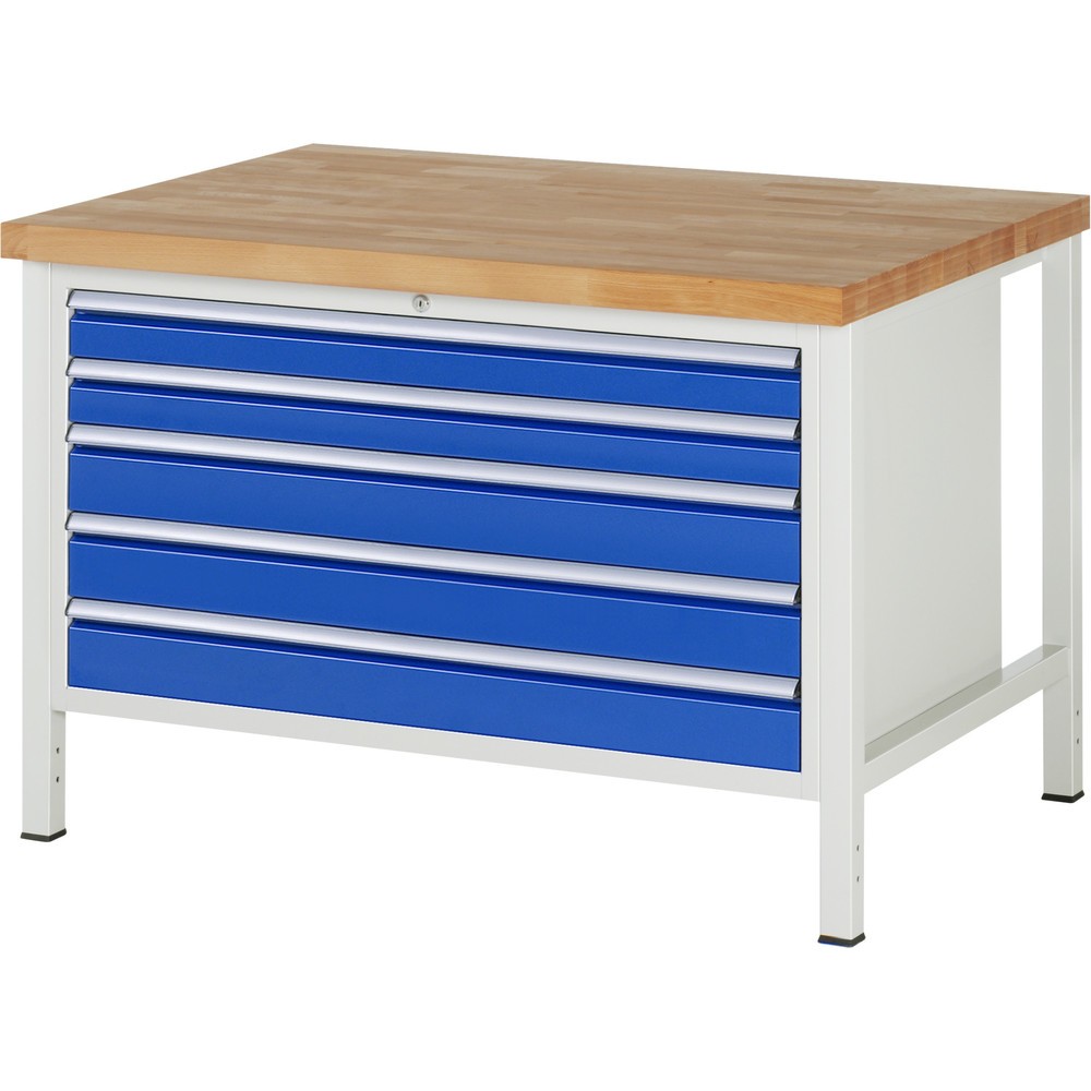 RAU Werkbank Serie 8000, HxBxT 840 x 1.250 x 900 mm, 5 x 100%-Auszug-Schubladen 2 x 90, 3 x 120 mm, Schubladen-TK 50 kg