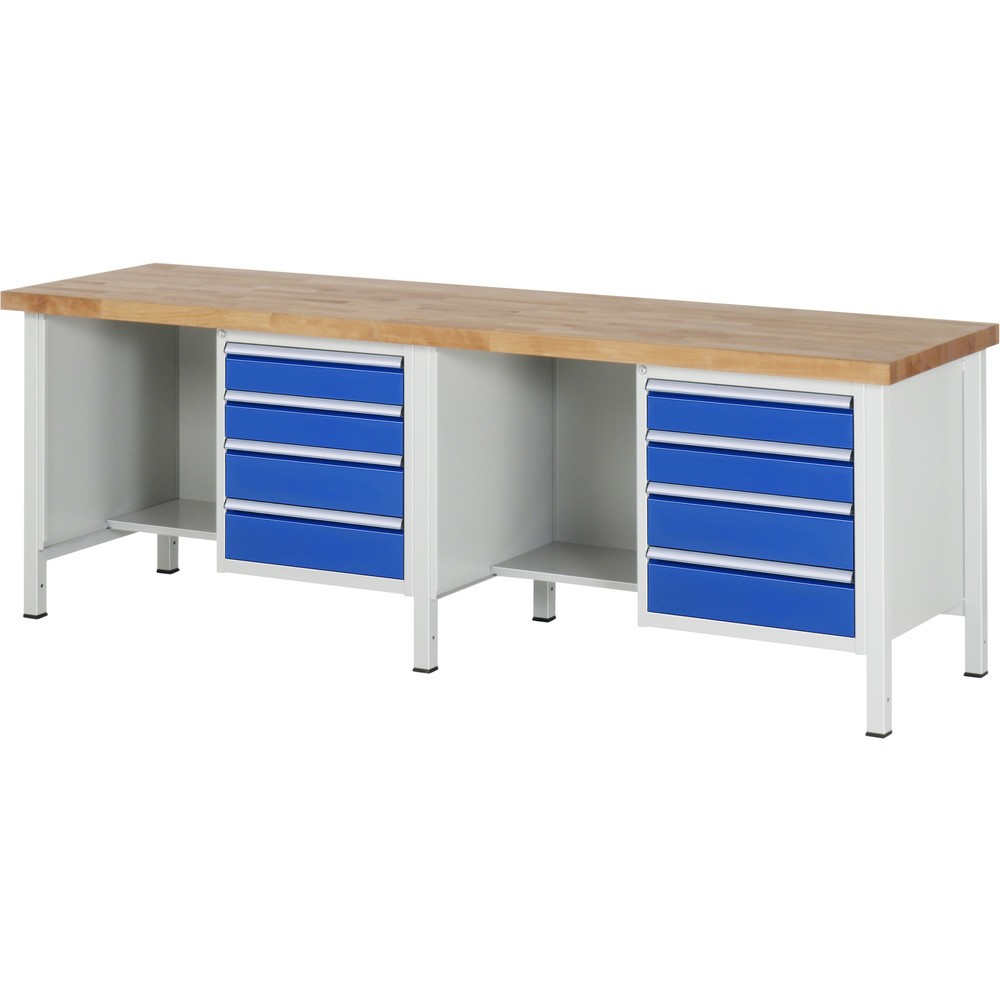 RAU Werkbank Serie 8000, 2 Container, HxBxT 840-1.040 x 2.500 x 700 mm, 8 x 90%-Auszug-Schubladen