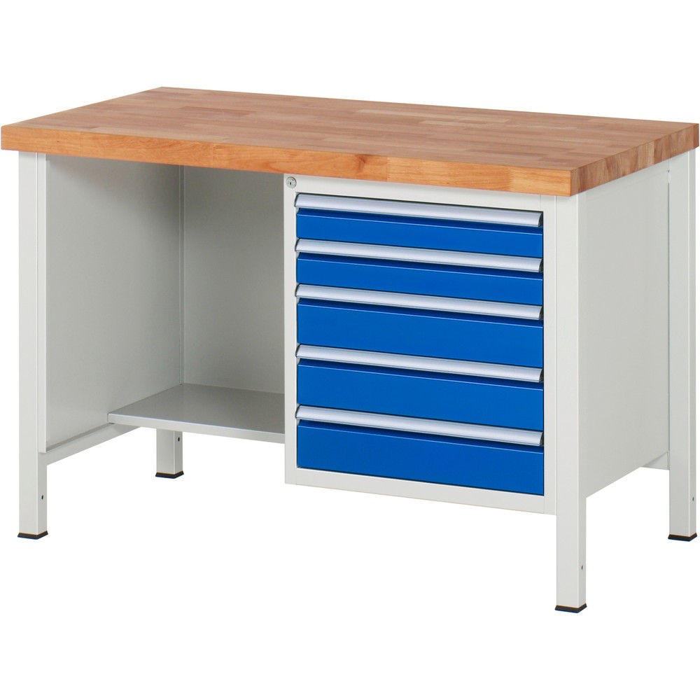 RAU Werkbank Serie 8000, 1 Ablageboden, HxBxT 840-1.040 x 1.250 x 700 mm, 5 x 100%-Auszug-Schubladen