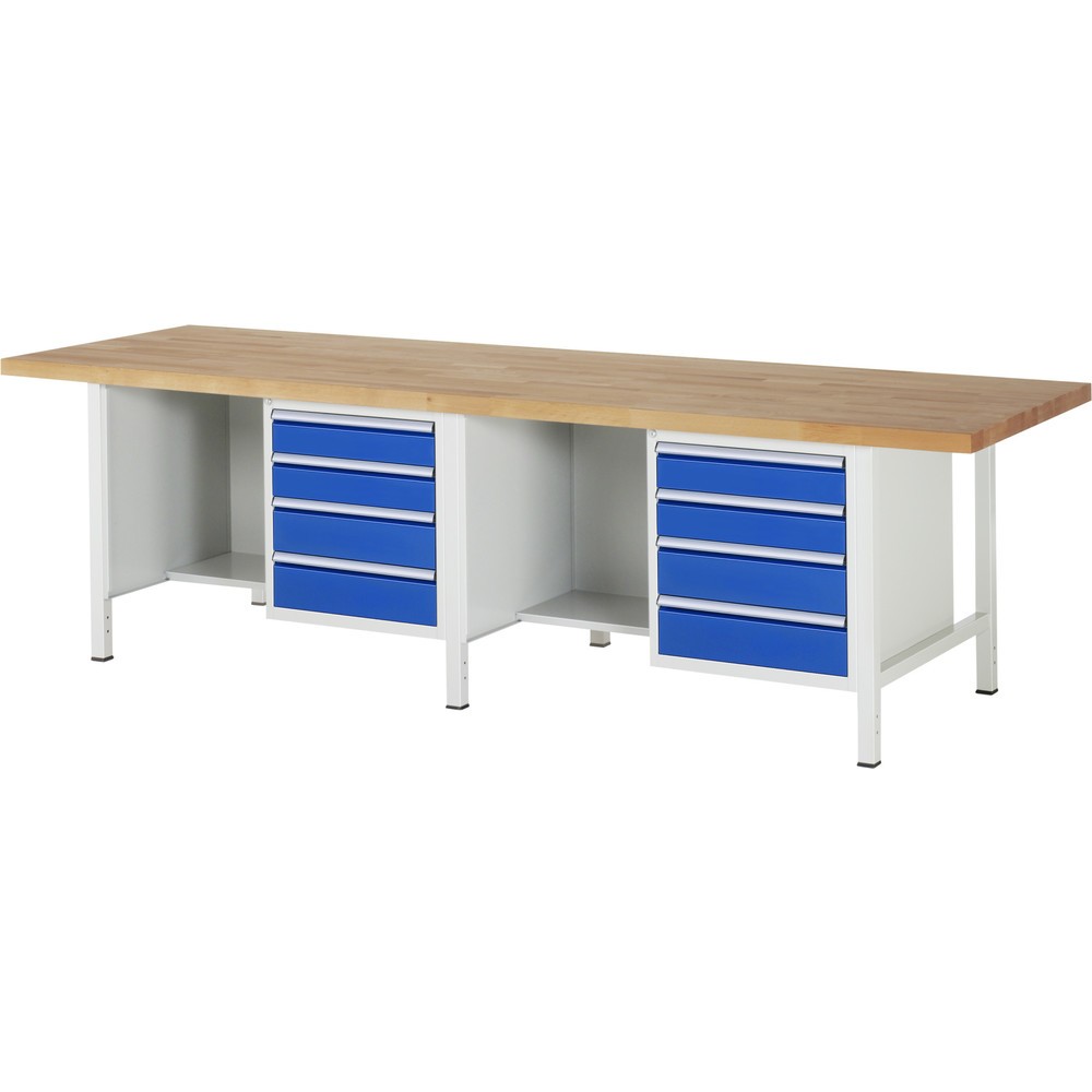 RAU Werkbank Serie 8000, 2 Container, HxBxT 840 x 3.000 x 900 mm, 8 x 100%-Auszug-Schubladen