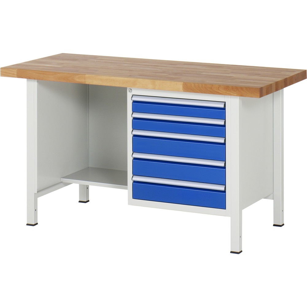 RAU Werkbank Serie 8000, 1 Ablageboden, HxBxT 840 x 1.500 x 700 mm, 5 x 100%-Auszug-Schubladen