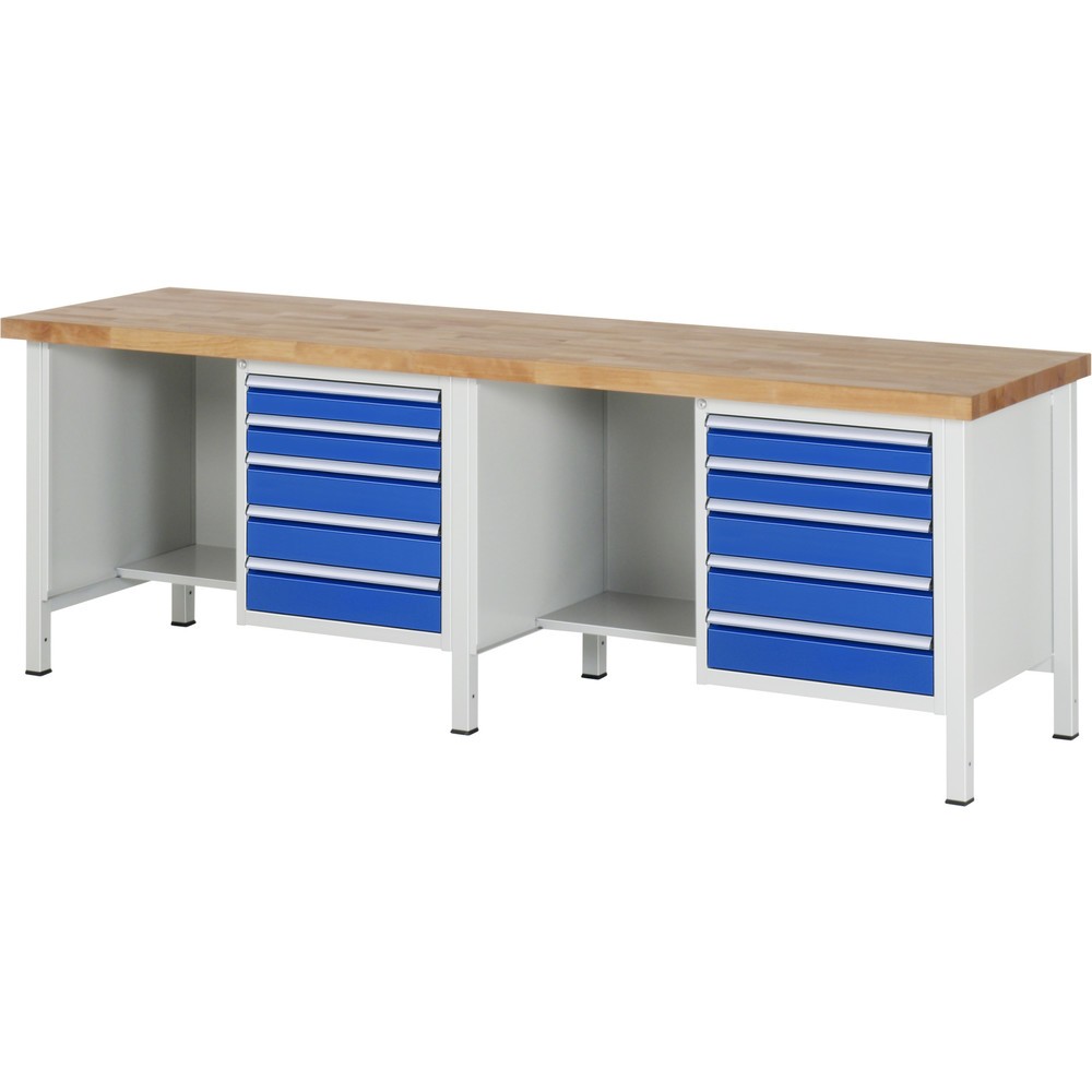 RAU Werkbank Serie 8000, 2 Container, HxBxT 840-1.040 x 2.500 x 700 mm, 10 x 100%-Auszug-Schubladen