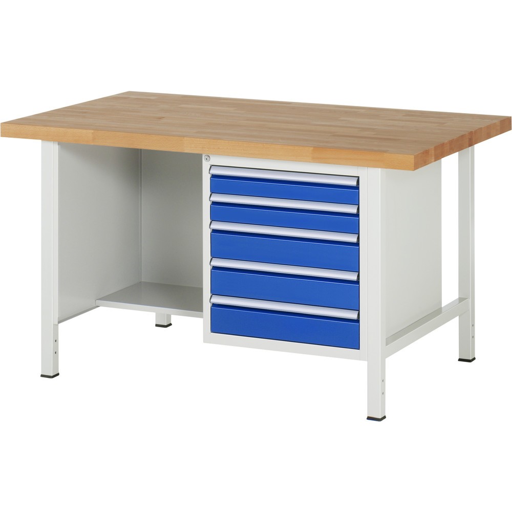 RAU Werkbank Serie 8000, 1 Ablageboden, HxBxT 840 x 1.500 x 900 mm, 5 x 90%-Auszug-Schubladen
