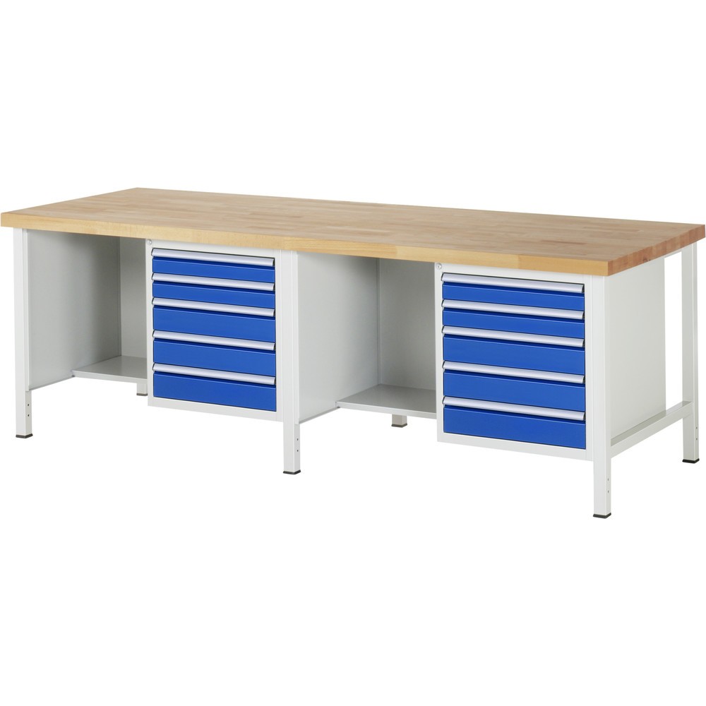 RAU Werkbank Serie 8000, 2 Container, HxBxT 840-1.040 x 2.500 x 900 mm, 10 x 90%-Auszug-Schubladen
