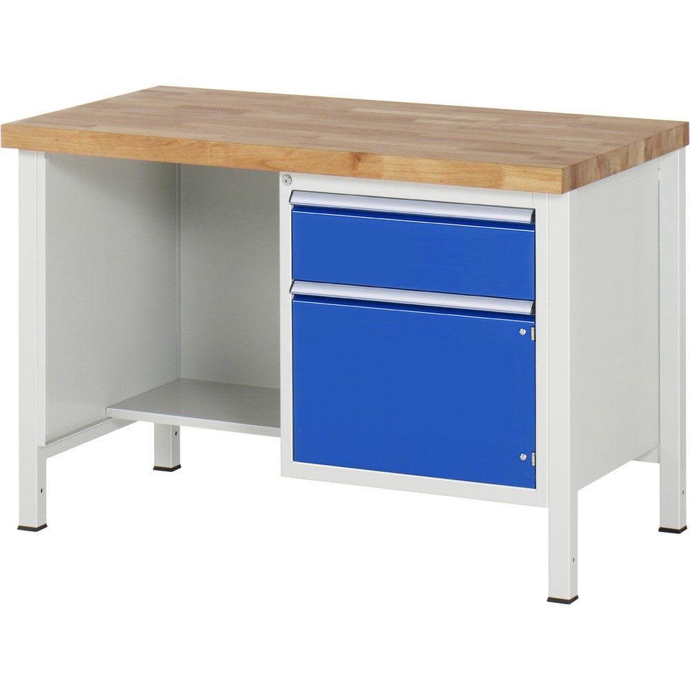 RAU Werkbank Serie 8000, 1 Ablageboden, 1 Flügeltür, HxBxT 840-1.040 x 1.250 x 900 mm, 1 x 100%-Auszug-Schublade, ErgoScript