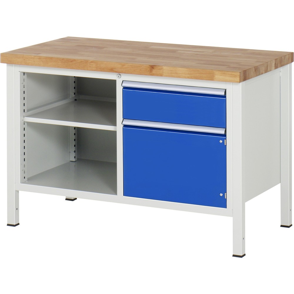 RAU Werkbank Serie 8000, 1 Doppel-Container, 1 Fachboden, 1 Flügeltür, HxBxT 840-1.040 x 1.250 x 700 mm, 1 x 100%-Auszug-Schublade, ErgoScript
