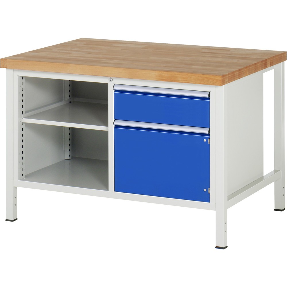 RAU Werkbank Serie 8000, 1 Doppel-Container, 1 Fachboden, 1 Flügeltür, HxBxT 840 x 1.250 x 900 mm, 1 x 90%-Auszug-Schublade, ErgoScript