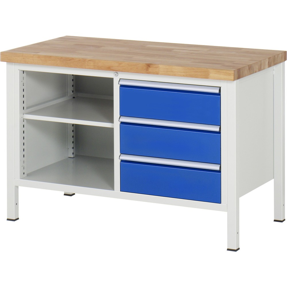 RAU Werkbank Serie 8000, 1 Doppel-Container, 1 Fachboden, HxBxT 840 x 1.250 x 700 mm, 3 x 100%-Auszug-Schubladen, ErgoScript