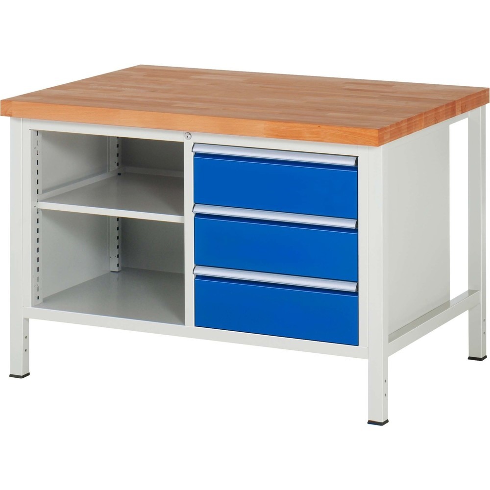 RAU Werkbank Serie 8000, 1 Doppel-Container, 1 Fachboden, HxBxT 840-1.040 x 1.250 x 900 mm, 3 x 90%-Auszug-Schubladen, ErgoScript