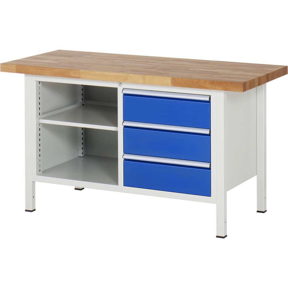 RAU Werkbank Serie 8000, 1 Doppel-Container, 1 Fachboden, HxBxT 840-1.040 x 1.500 x 700 mm, 3 x 100%-Auszug-Schubladen, ErgoScript