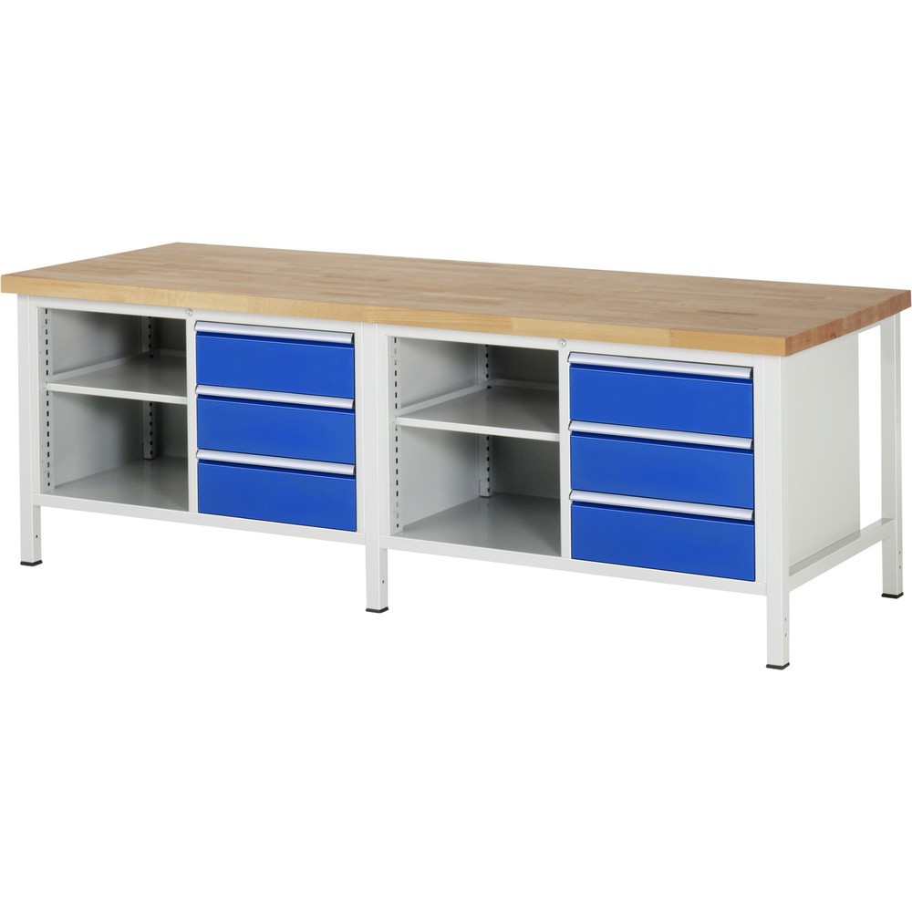 RAU Werkbank Serie 8000, 2 Doppel-Container, 2 Fachböden, HxBxT 840-1.040 x 2.500 x 900 mm, 6 x 90%-Auszug-Schubladen 6 x 180 mm