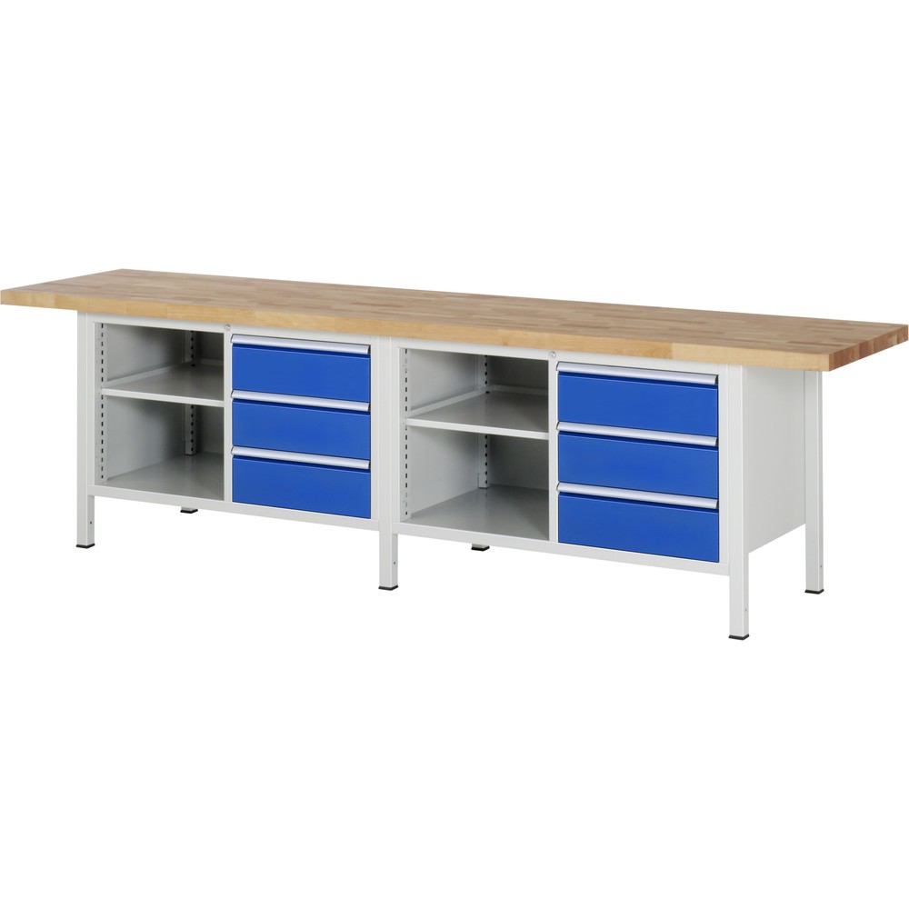 RAU Werkbank Serie 8000, 2 Doppel-Container, 2 Fachböden, HxBxT 840-1.040 x 3.000 x 700 mm, 6 x 90%-Auszug-Schubladen 6 x 180 mm