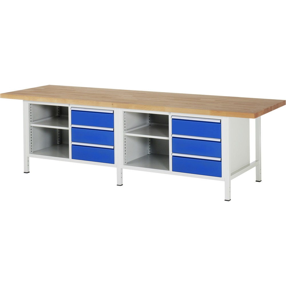 RAU Werkbank Serie 8000, 2 Doppel-Container, 2 Fachböden, HxBxT 840 x 3.000 x 900 mm, 6 x 100%-Auszug-Schubladen