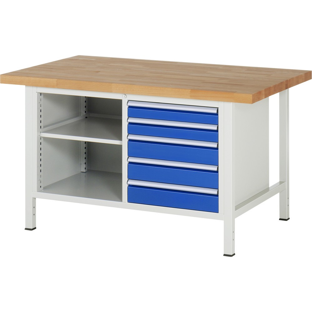 RAU Werkbank Serie 8000, 1 Doppel-Container, 1 Fachboden, HxBxT 840-1.040 x 1.500 x 900 mm, 5 x 90%-Auszug-Schubladen