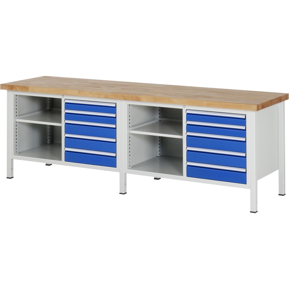 RAU Werkbank Serie 8000, 2 Doppel-Container, 2 Fachböden, HxBxT 840 x 2.500 x 700 mm, 10 x 100%-Auszug-Schubladen
