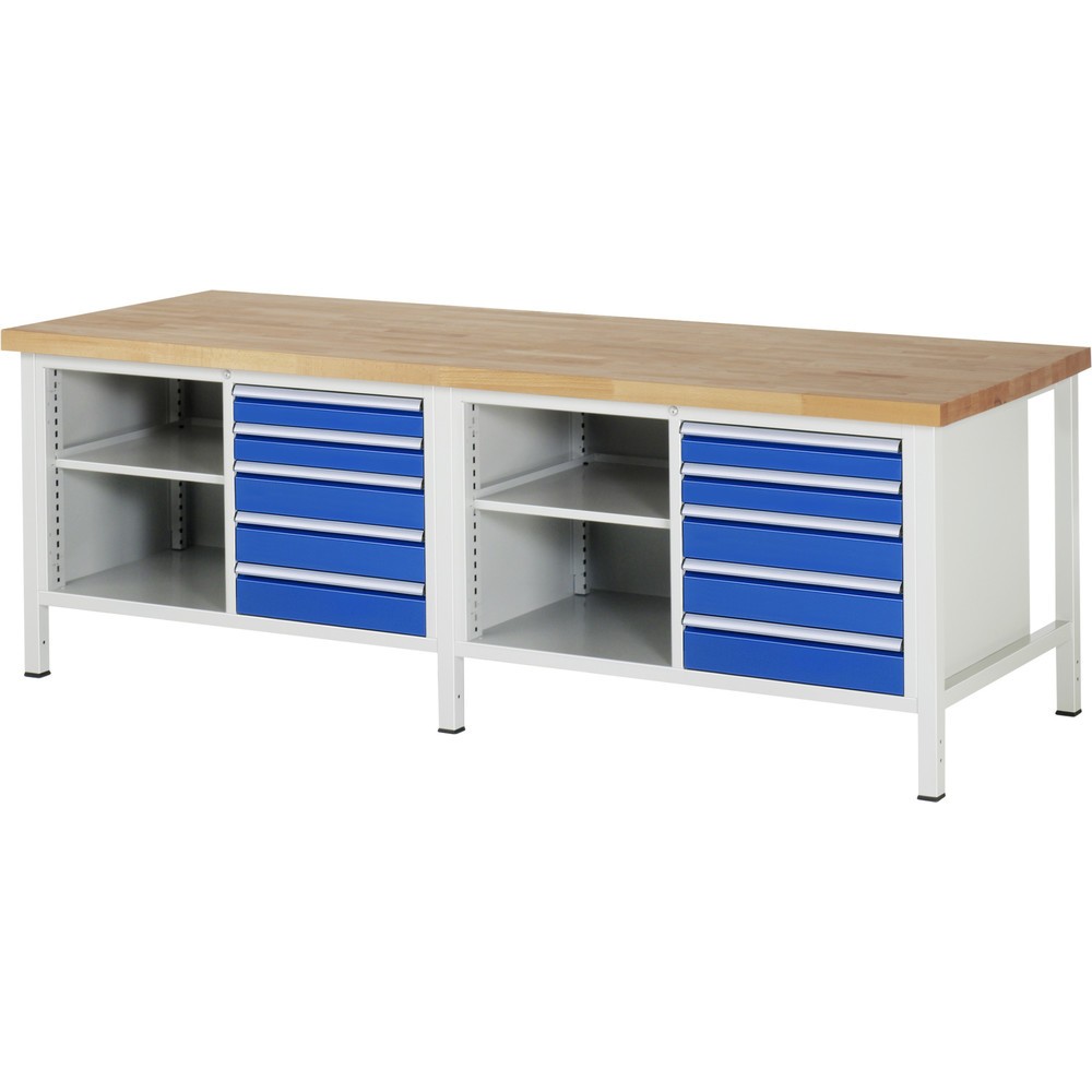 RAU Werkbank Serie 8000, 2 Doppel-Container, 2 Fachböden, HxBxT 840-1.040 x 2.500 x 900 mm, 10 x 90%-Auszug-Schubladen