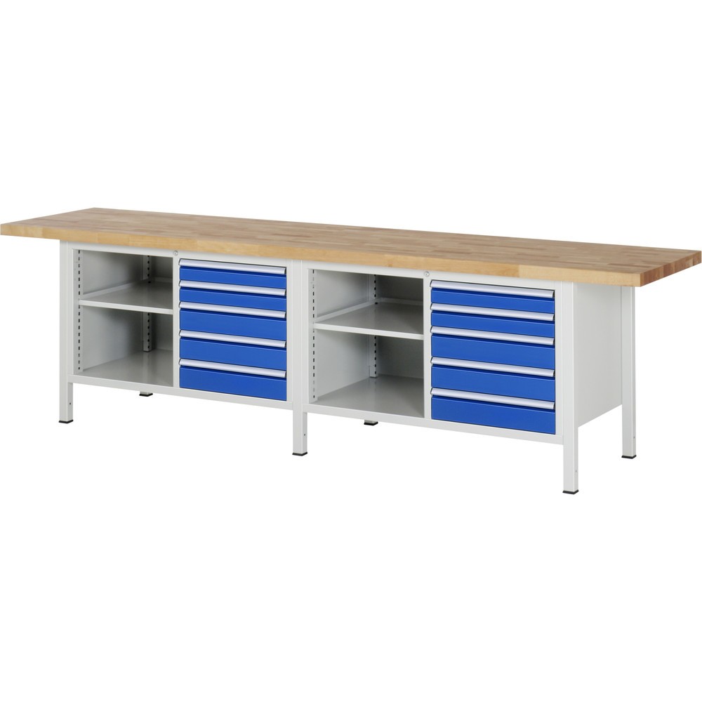 RAU Werkbank Serie 8000, 2 Doppel-Container, 2 Fachböden, HxBxT 840-1.040 x 3.000 x 700 mm, 10 x 90%-Auszug-Schubladen