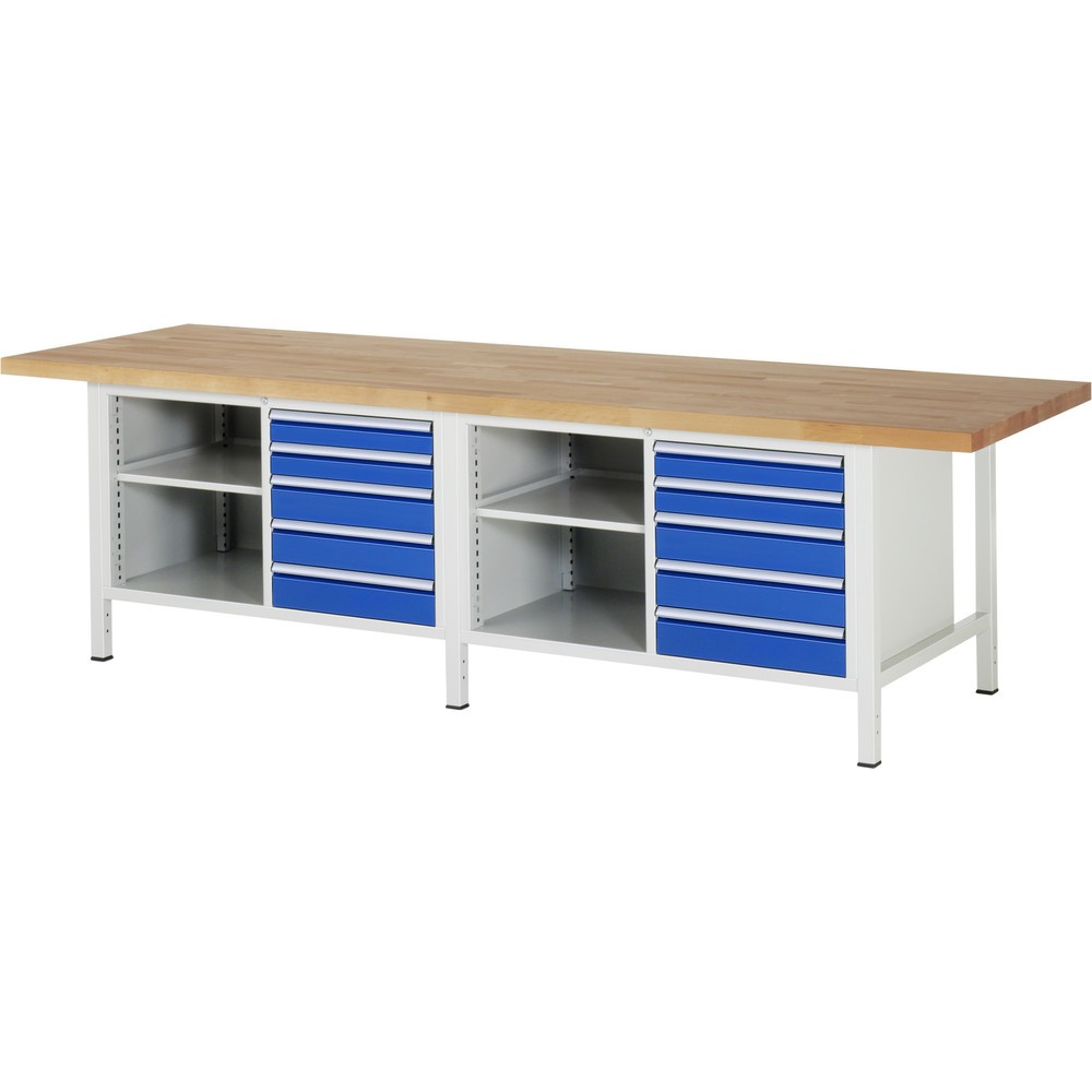 RAU Werkbank Serie 8000, 2 Doppel-Container, 2 Fachböden, HxBxT 840 x 3.000 x 900 mm, 10 x 100%-Auszug-Schubladen