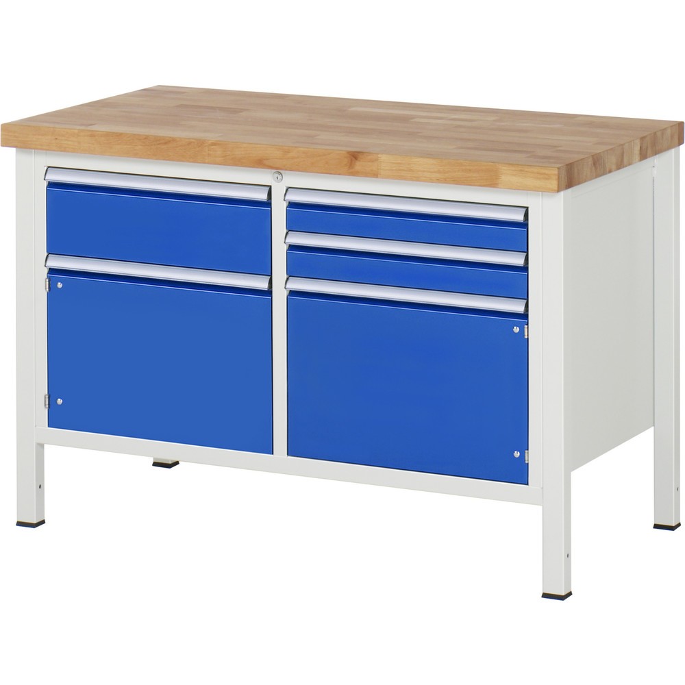 RAU Werkbank Serie 8000, 1 Doppel-Container, 2 Flügeltüren, HxBxT 840 x 1.250 x 700 mm, 3 x 100%-Auszug-Schubladen
