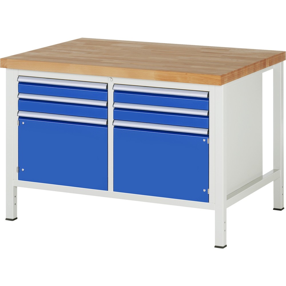 RAU Werkbank Serie 8000, 1 Doppel-Container, 2 Flügeltüren, HxBxT 840-1.040 x 1.250 x 900 mm, 4 x 100%-Auszug-Schubladen