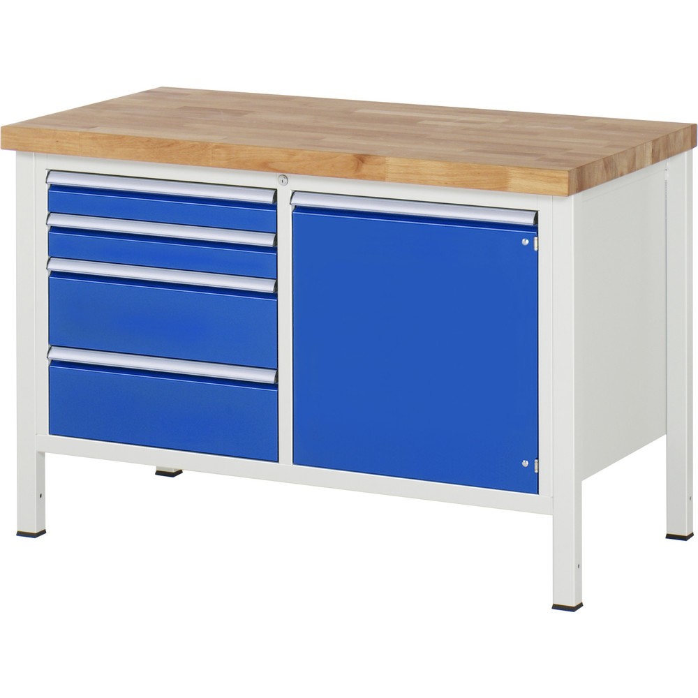 RAU Werkbank Serie 8000, 1 Doppel-Container, 1 Flügeltür, HxBxT 840 x 1.250 x 700 mm, 4 x 90%-Auszug-Schubladen