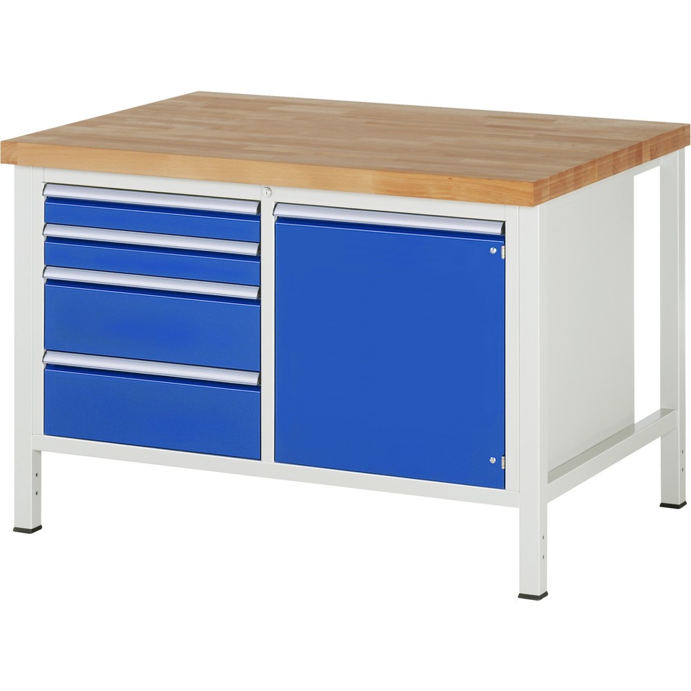 RAU Werkbank Serie 8000, 1 Doppel-Container, 1 Flügeltür, HxBxT 840 x 1.250 x 900 mm, 4 x 100%-Auszug-Schubladen