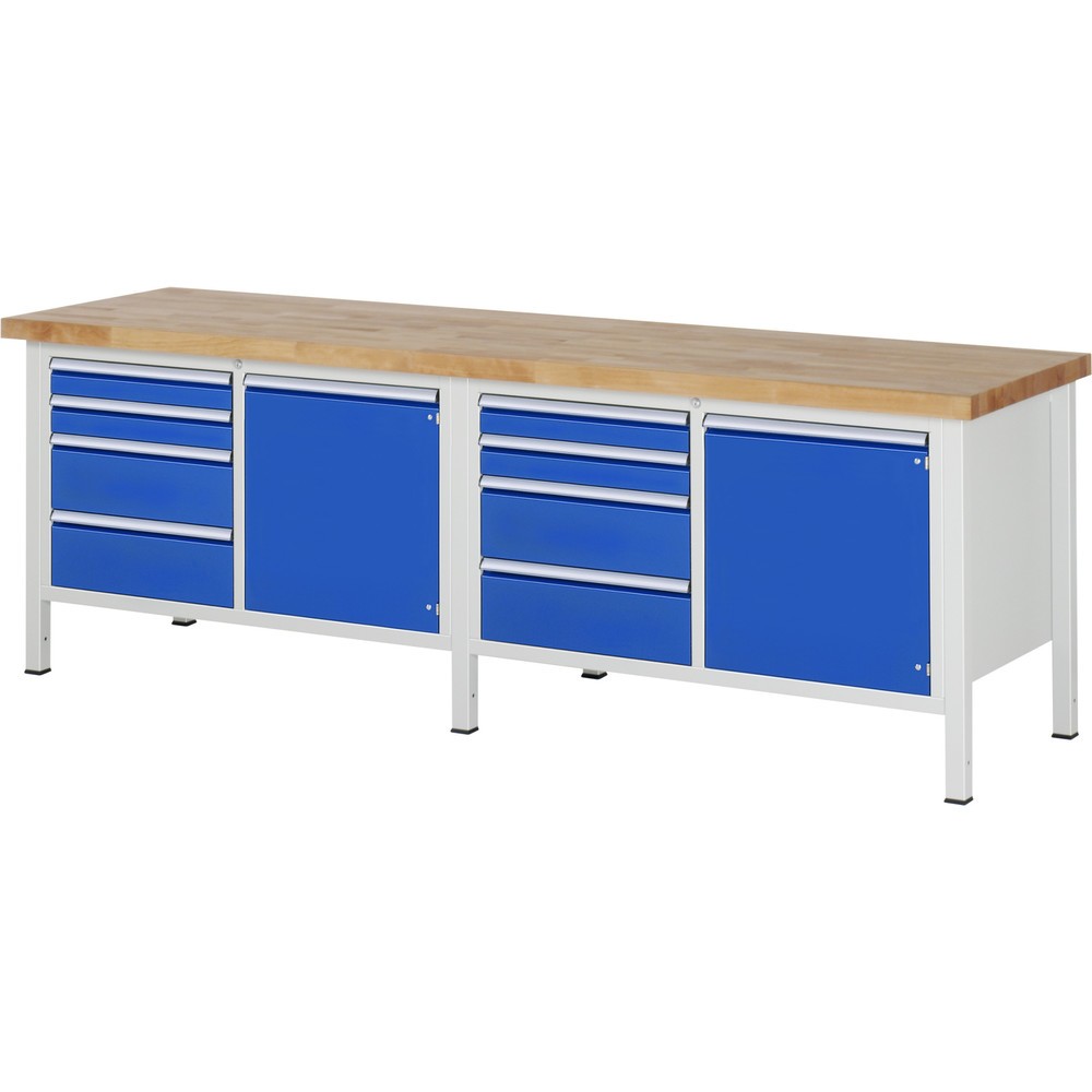 RAU Werkbank Serie 8000, 2 Doppel-Container, 2 Flügeltüren, HxBxT 840-1.040 x 2.500 x 700 mm, 8 x 90%-Auszug-Schubladen