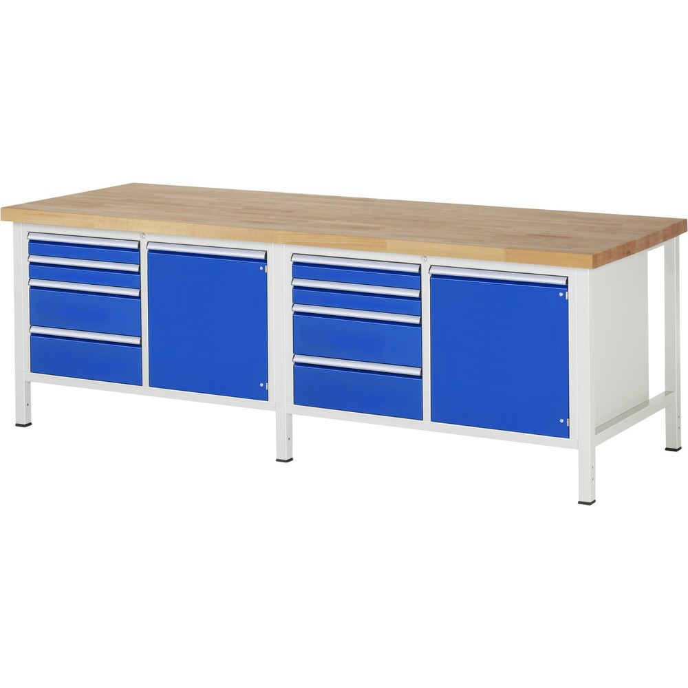 RAU Werkbank Serie 8000, 2 Doppel-Container, 2 Flügeltüren, HxBxT 840-1.040 x 2.500 x 900 mm, 8 x 100%-Auszug-Schubladen
