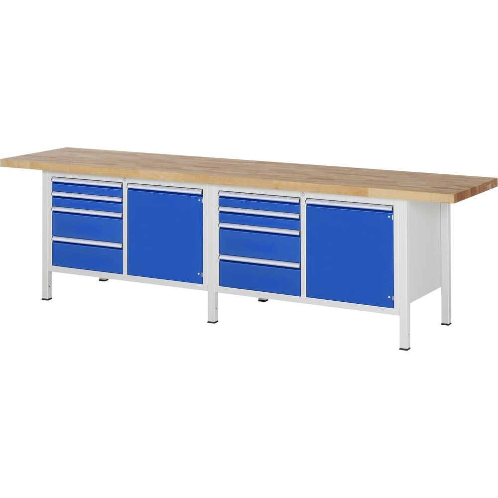 RAU Werkbank Serie 8000, 2 Doppel-Container, 2 Flügeltüren, HxBxT 840 x 3.000 x 700 mm, 8 x 90%-Auszug-Schubladen