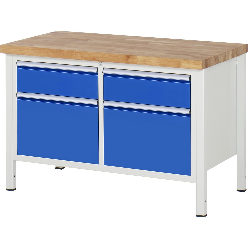 RAU Werkbank Serie 8000, 1 Doppel-Container, HxBxT 840-1.040 x 1.250 x 700 mm, 4 x 100%-Auszug-Schubladen