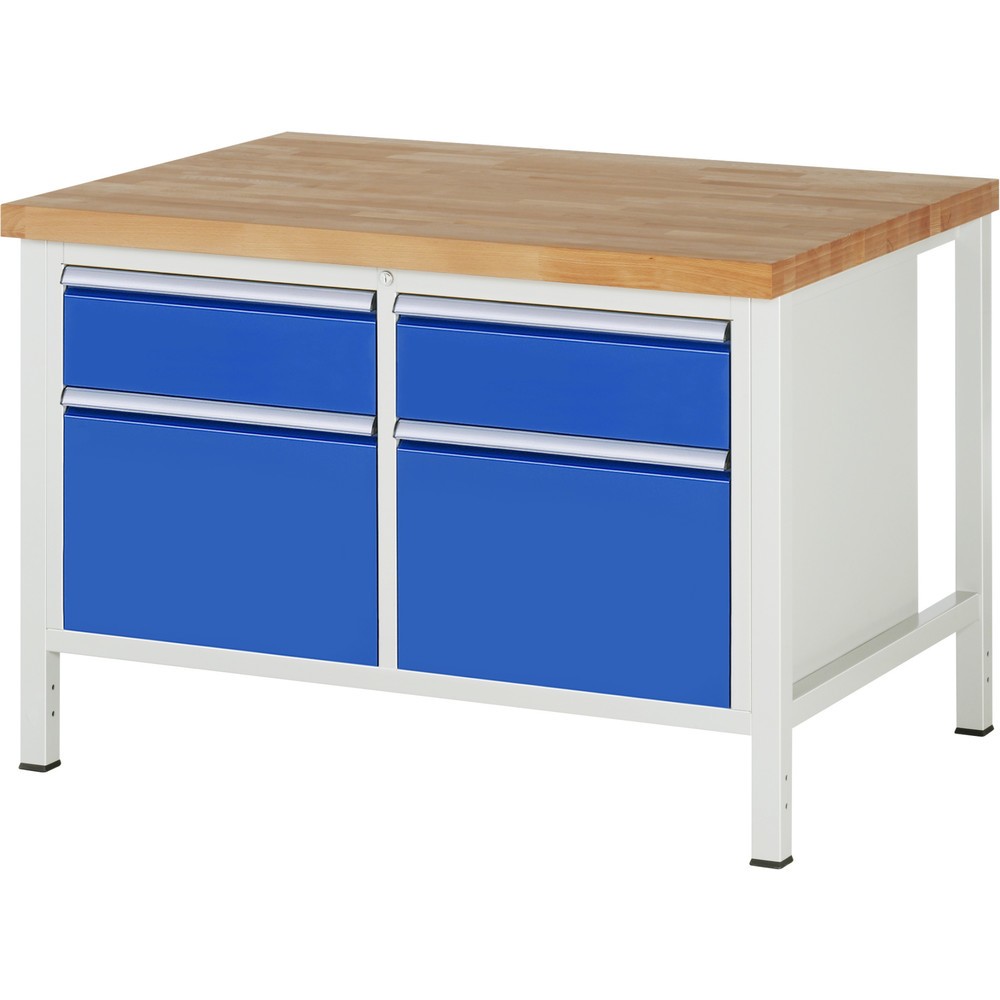 RAU Werkbank Serie 8000, 1 Doppel-Container, HxBxT 840-1.040 x 1.250 x 900 mm, 4 x 90%-Auszug-Schubladen