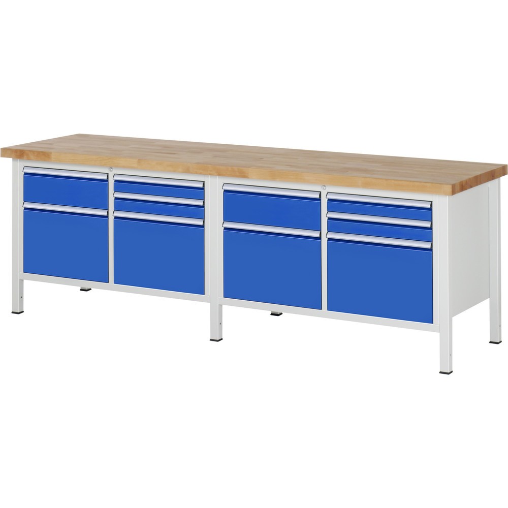 RAU Werkbank Serie 8000, 2 Doppel-Container, HxBxT 840-1.040 x 2.500 x 700 mm, 10 x 100%-Auszug-Schubladen