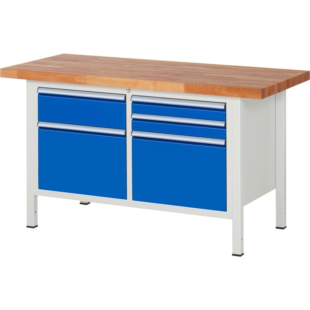 RAU Werkbank Serie 8000, 1 Doppel-Container, HxBxT 840-1.040 x 1.500 x 700 mm, 5 x 100%-Auszug-Schubladen
