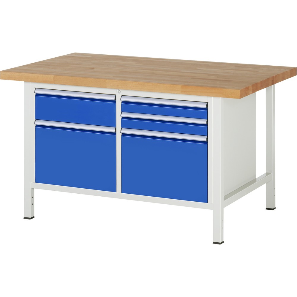 RAU Werkbank Serie 8000, 1 Doppel-Container, HxBxT 840-1.040 x 1.500 x 900 mm, 5 x 90%-Auszug-Schubladen