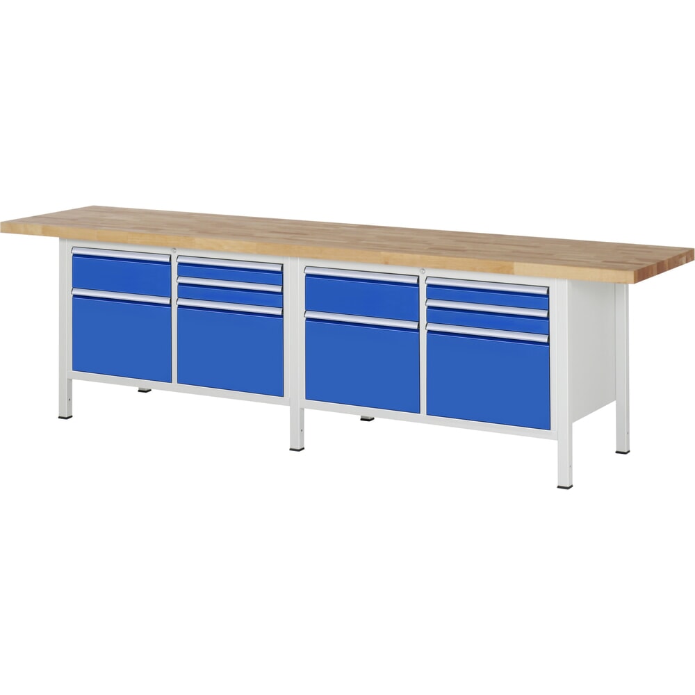 RAU Werkbank Serie 8000, 2 Doppel-Container, HxBxT 840-1.040 x 3.000 x 700 mm, 10 x 90%-Auszug-Schubladen