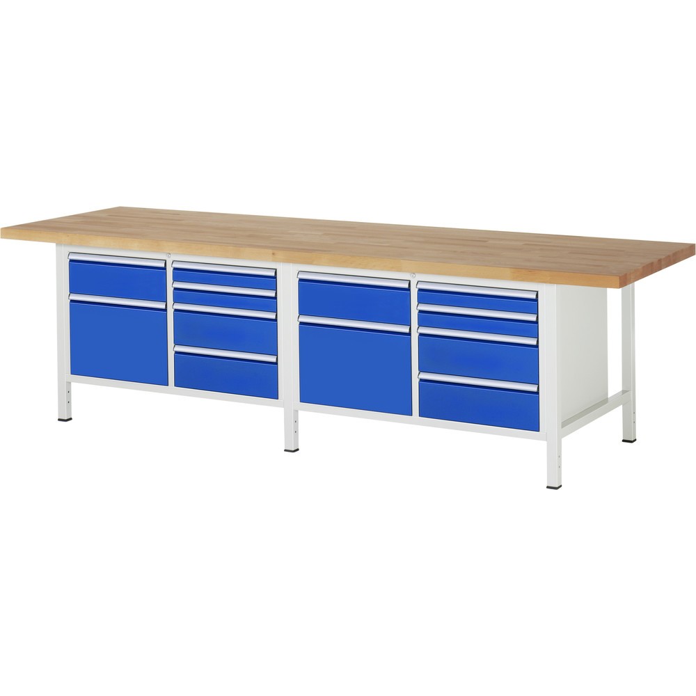 RAU Werkbank Serie 8000, 2 Doppel-Container, HxBxT 840-1.040 x 3.000 x 900 mm, 10 x 100%-Auszug-Schubladen