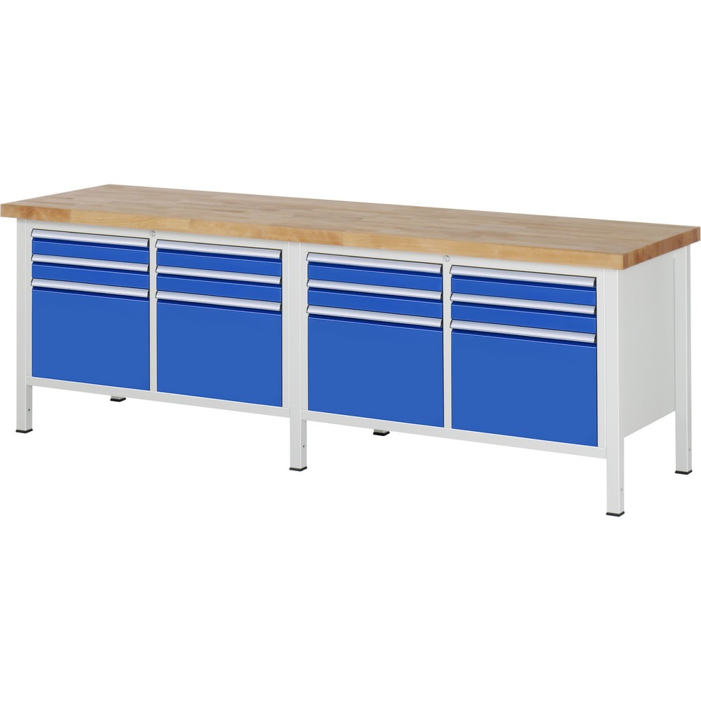 RAU Werkbank Serie 8000, 2 Doppel-Container, HxBxT 840-1.040 x 2.500 x 700 mm, 12 x 100%-Auszug-Schubladen 8 x 90, 4 x 360 mm