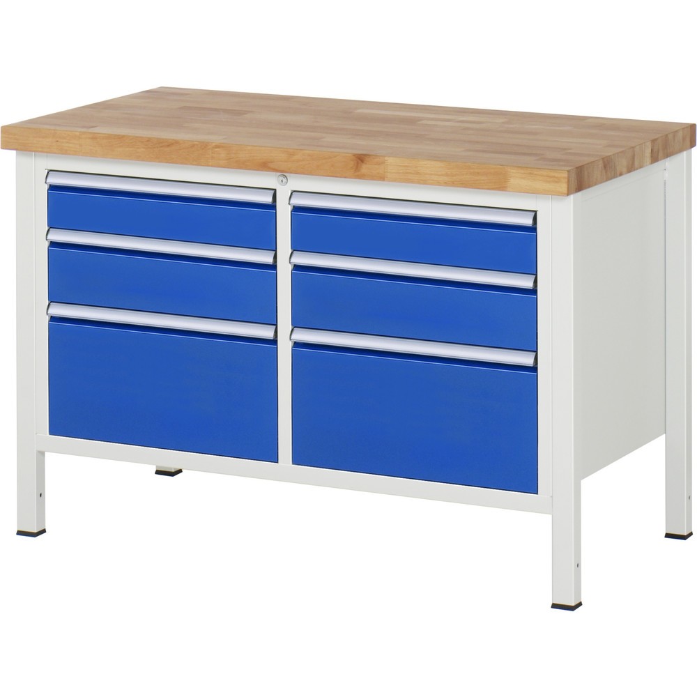 RAU Werkbank Serie 8000, 1 Doppel-Container, HxBxT 840 x 1.250 x 700 mm, 6 x 90%-Auszug-Schubladen 2 x 120, 2 x 150, 2 x 270 mm, Schubladen-TK 100 kg